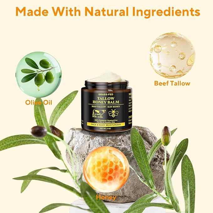 Beef Tallow for Skin, Tallow and Honey Balm, 5 oz Organic Grass-Fed Whipped Beef Tallow Cream, Deep Moisturizing Facial & Body Balm, 100% Natural Face Moisturizer for All Skin Types