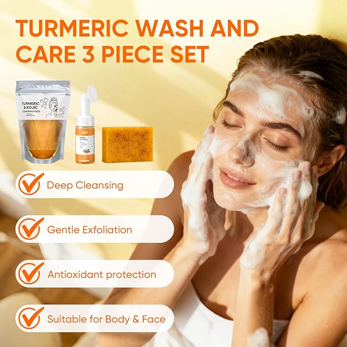 Turmeric Soap & Turmeric Face Wash & Cleansing Pads 30pcs Skin Care Set, Glow Turmeric for Face & Body, Lemon Tumeric Soap, Facial Cleanser Foam for Daily Cleansing, Turmeric Wash and Care 3 Piece Set