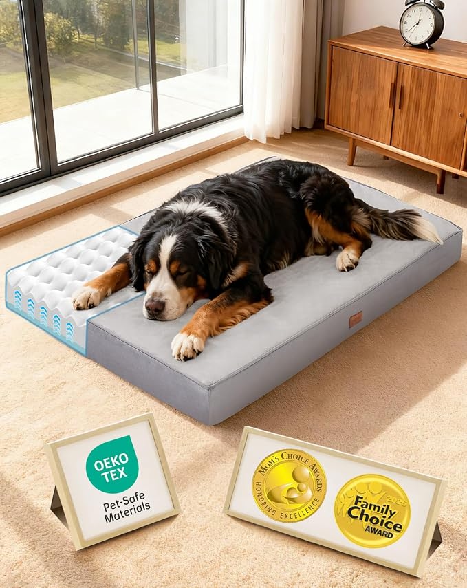 OhGeni Orthopedic Waterproof Large Dog Bed, Memory Foam, 47 inch(Gray) | Machine-Washable Removable Cover in Easy-Clean Fabric, Reversible Memory Foam & Easy-Carry Handle, Suitable for Crate