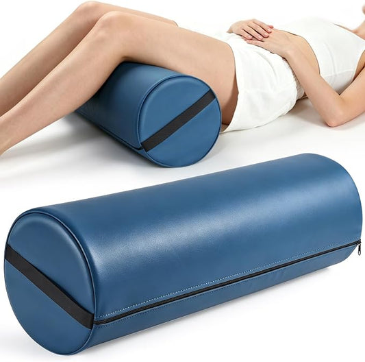 PU Leather Round Bolster Pillow, 26 x 9 Inch Massage Bolsters for Under Legs with Strap Handle Massage Knee Pillow, Exercise Bolster for Legs Massage Table Roll Pillow Leg Bolster for Massage Table