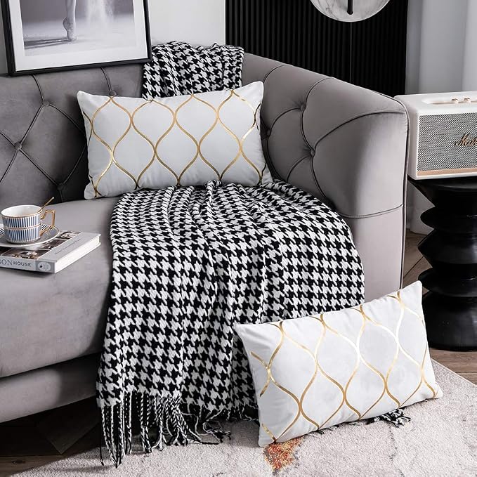 Gold Velvet Throw Pillow Covers Off White: 2 Pack 12x20 Inch Rectangular Decorative Pillow Cases for Bedroom Sofa Couch Living Room
