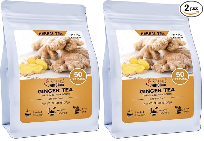 FullChea - Ginger Tea Bags, 2g*50 Teabags - Premium Ginger Root Tea Bag - Warm & Spicy - Non-GMO - Caffeine-free - Support Digestion & Boost Immunity (Pack of 2)