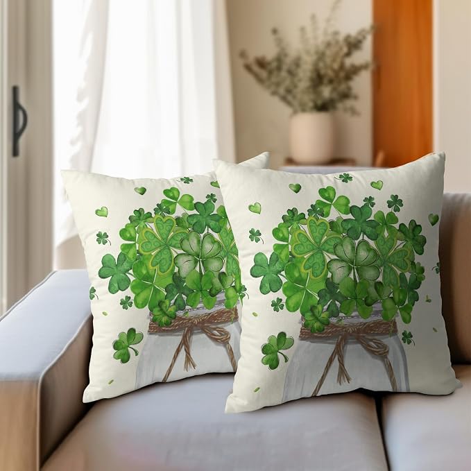 Kawani St Patricks Day Pillow Covers Set of 2, 22x22 Inch Green Lucky Shamrock Clover Jar Farmhouse Throw Pillowcases Cotton Linen Square Cushion Case for Home Couch Sofa Holiday Decor