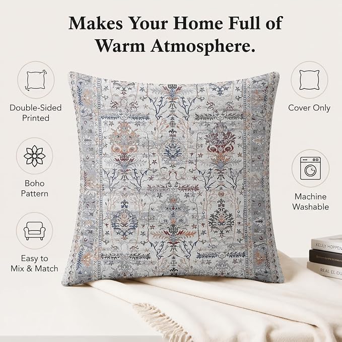 Boho Throw Pillow Covers 18x18 inch Set of 2,Soft Pillowcases Bohemia Carpet Printing Pattern Decorative Sofa Living Room Bed Square Pillow Case Cushion Cover-Gray Flower