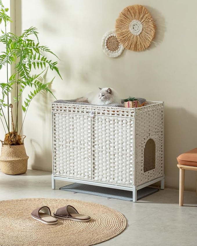 SETVSON Cat Litter Box Enclosure Furniture, Hidden PE Rattan House, White | Handwoven PE Rattan with Dual-Layer Mat, Heightened Metal Feet, 2 S-Hooks, 30.3x18.3x28 Inches Spacious Privacy & Dog Proof