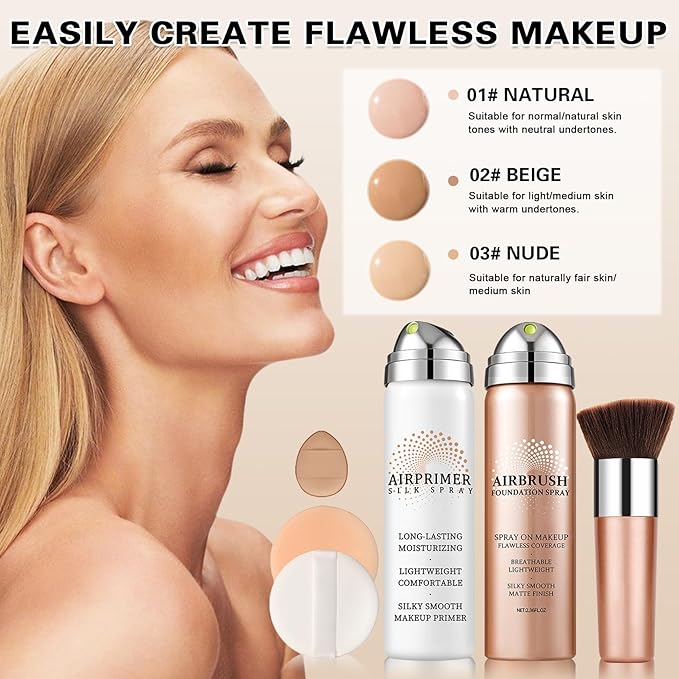 Airbrush Foundation with Primer,Silk Flawless Airbrush Makeup,Buildable Coverage with Anti-aging Formula,Moisturizing Foundation Makeup (02 Beige)