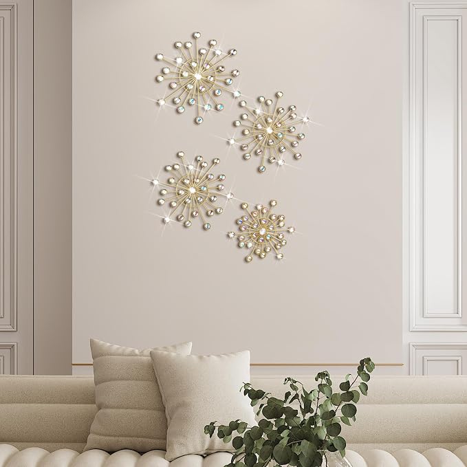 Blulu 4 Pcs Metal Wall Decor Bling Crystal Wall Art Cast Iron Rhinestones Sunburst Decor Starburst Art Hanging Diamond Accents Home Decorative for Living Room Bedroom Entryway(Colorful)