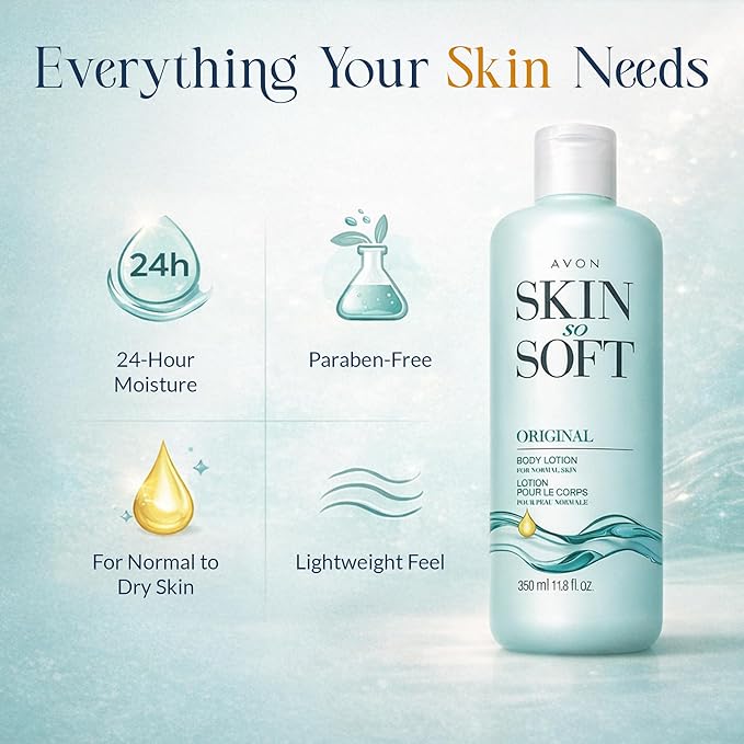 Avon Skin So Soft Original Body Lotion for Women, Paraben-Free Moisturizing Hand and Body Lotion for Dry Skin with Jojoba Oil, Non-Greasy Lightweight Body Moisturizer, 24-Hour Hydration, 11.8 fl oz