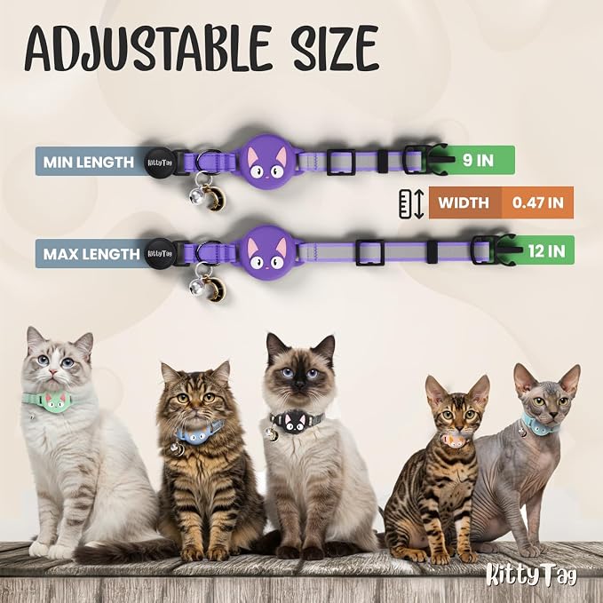 AirTag Cat Collar – Breakaway Reflective & Waterproof Collar with Built-in Holder, Adjustable with Bell for Indoor/Outdoor Cats – AirTag Not Included, Purple (9-12")