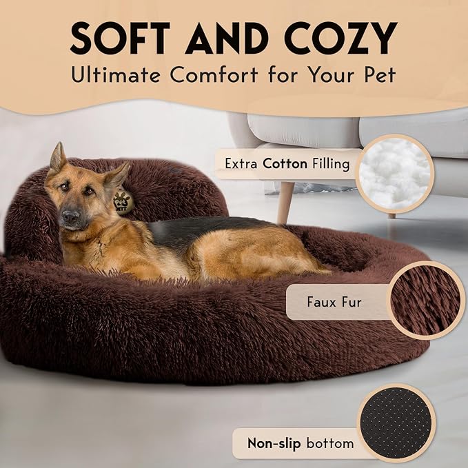 PetJett XL Dog Beds for Large Sized Dog - 45'' Extra Large Dog Bed, Anti-Slip & Washable Super Soft Round Donut Bed, Fluffy Faux Fur Anti-Anxiety Premium Comfort Pet Bed, Fits Dogs up to 120 lbs