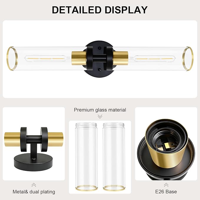 Wall Sconces Set of Two, Black and Gold Bathroom Wall Sconces with Clear Glass,Hardwired Modern Sconces Wall Decor Set of 2 Wall Light for Bathroom Mirror Bedroom Living Room Hallway Vanity