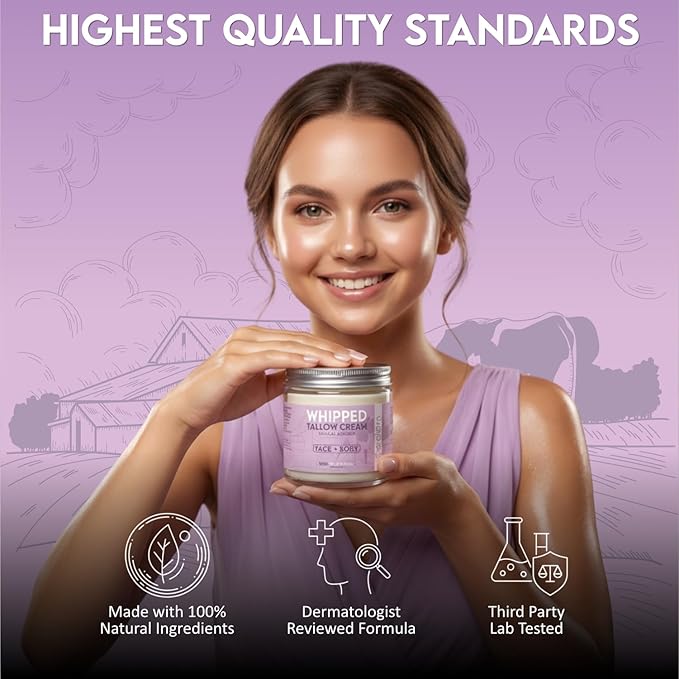 Beef Tallow for Skin, Whipped Beef Tallow Balm for Face & Body with Shea Butter and Lavender Oil, Grass Fed Beef Tallow for Eczema, Dry Sensitive Skin and Rosacea 4 Oz (Vanilla Lavender)
