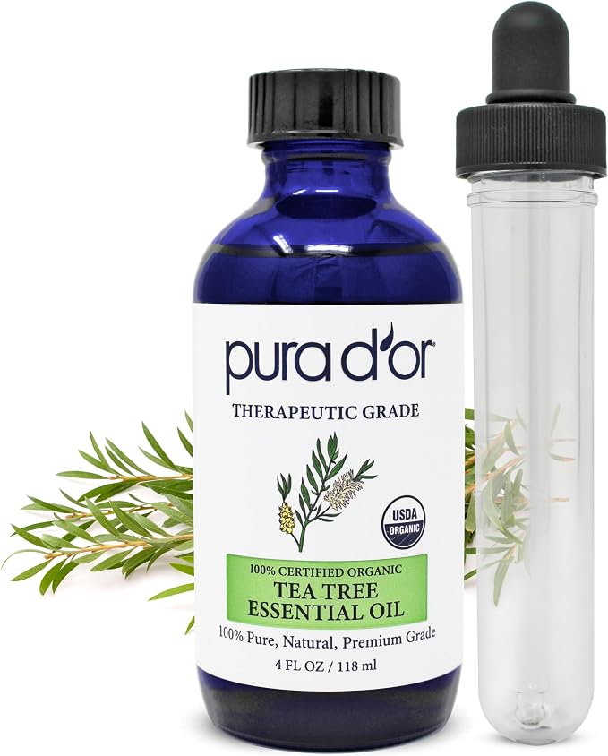 PURA D'OR ORGANIC Tea Tree Melaleuca Essential Oil (4 Oz with Glass Dropper) 100% Pure & Natural Therapeutic Grade For Hair, Body, Skin, Scalp, Aromatherapy Diffuser, Cleansing, Purify, Home, DIY Soap