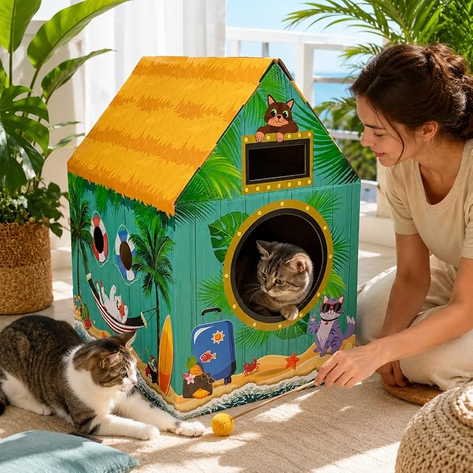 Cinrobiye Cardboard Cat House with Scratcher, Indoor Cat Condo Cat Cave Hideout with Scratch Pad, Cardboard Cat Playhouse Bed for Cats, Kittens, Rabbits & Small Pets (Beach)