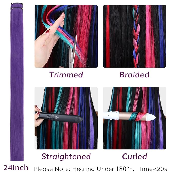 IDN BEAUTY Colored Clip in Hair Extension, 12PCS Deep Purple 24Inch Invisible Clip Straight Synthetic Hair Pieces for Women, Hair Accessories for Party Cosplay Travel Birthday Halloween