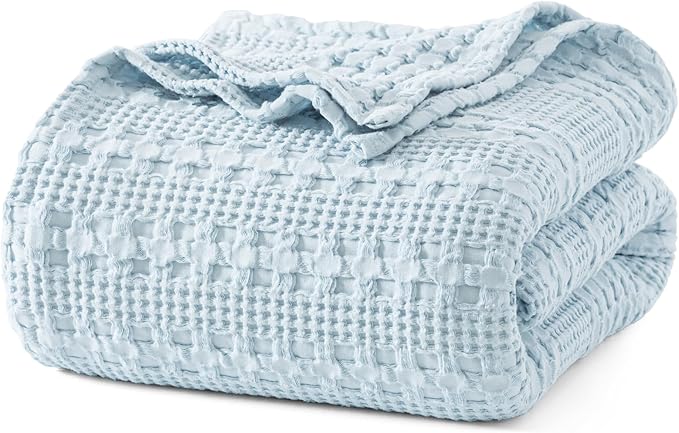 PHF 100% Cotton Waffle Weave Blanket Queen Size, Lightweight Breathable Summer Blanket for Hot Sleepers, Pre-Washed Soft Layer for Bed, Couch, Aesthetic Home Decor & Gift, 90"x90", Sky Blue