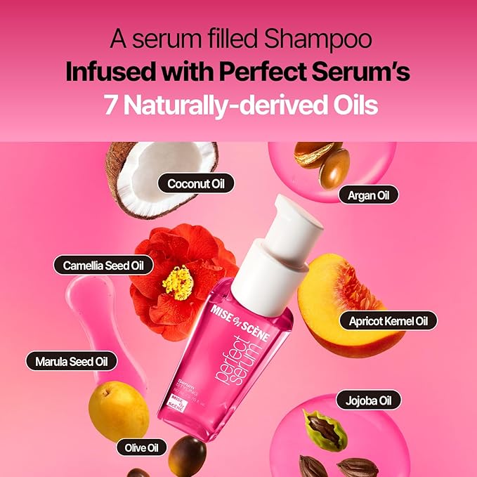 Mise En Scene Hair Perfume Shampoo - Perfect Styling Serum Shampoo - with Peony and Rose Scent, Styling Memory & Heat Protection, Enriched with Argan Oil, Daily Nourishing, 17.92 Fl. Oz.