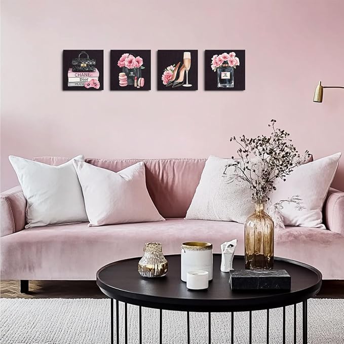 4 Pcs Fashion Canvas Wall Art, Framed Pink and Black Wall Decor 8 x 8 Inch | Aesthetic Posters Art Prints Artwork Pink Pictures for Women Teen Girls Room Bedroom Apartment Vogue Room Decor