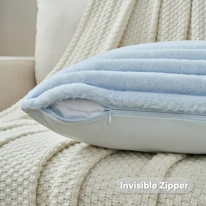 FUTEI Pack of 2 Faux Fur Throw Pillow Covers 26x26 Inch, Light Blue | Fluffy Faux Rabbit Fur Front/Premium Velvet Back,Hidden Zipper,Machine Washable,Non-Shedding,Colorfast,Insert Not Included.