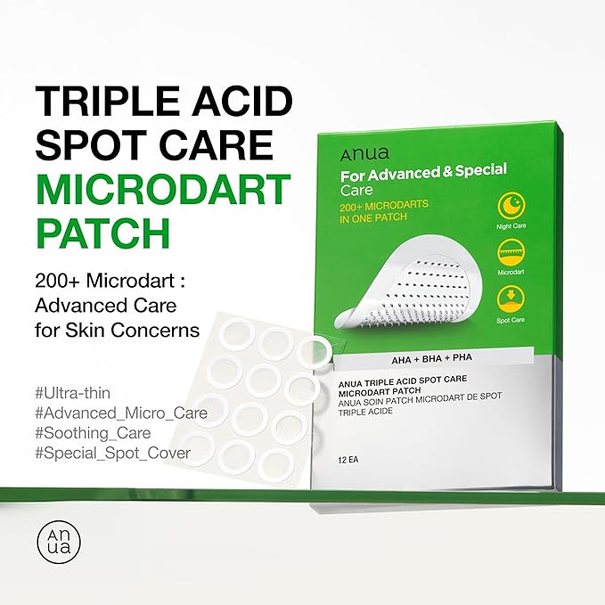 Anua Triple Acid Spot Care Microdart Patch, Early Stage Spot, 200+ Microdarts with AHA + BHA + PHA, Centella, Hydrocolloid Patch for Overnight, Non-Comedogenic, Korean Skincare (12 ea)
