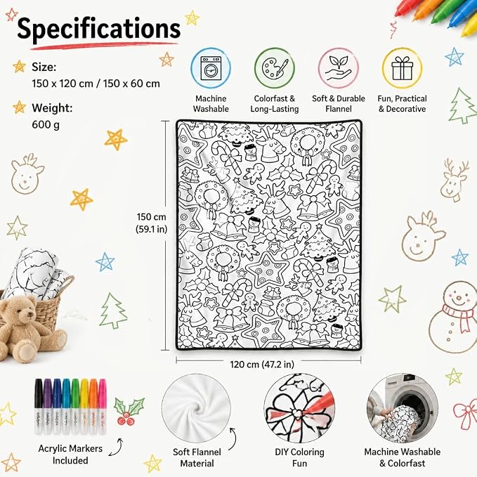 DIY Coloring Blankets with 24 Colors Markers for Adults (95 - Christmas) | Custom Color In Your Own Blankets With 24 Colors Markers, Snuggle Color Sketch Washable Blankets Kit Home Decor