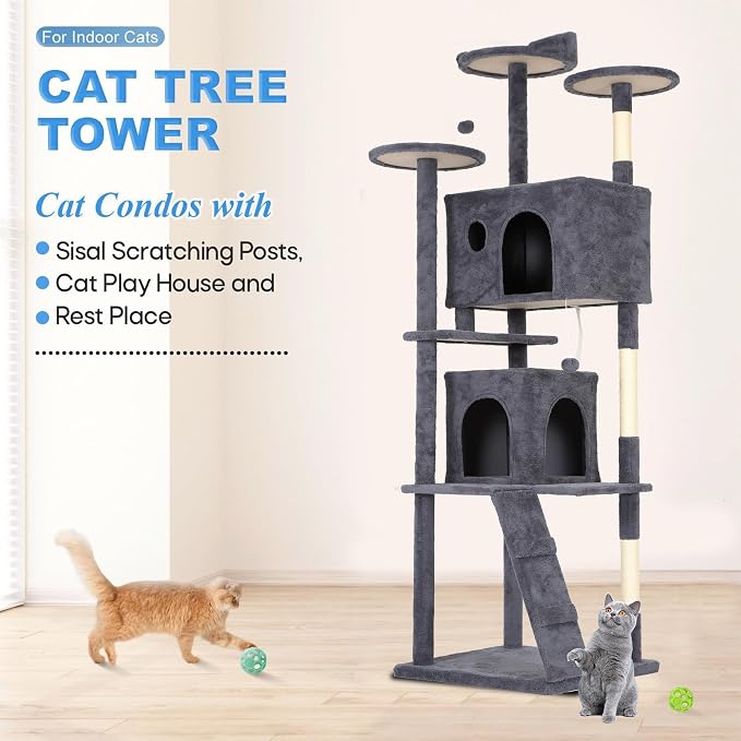 FDW | 81" Cat Tree Tower | Dark Gray | Multi-Level Indoor Activity Center with Sisal Scratching Posts, Condos, Plush Perches, Hanging Cat Toys | Sturdy, Easy to Assemble | for Kittens & Adult Cats