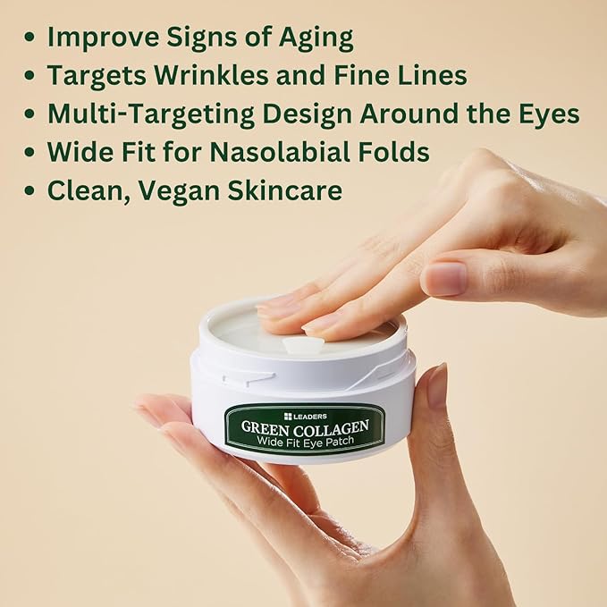 LEADERS Green Collagen Wide Fit Eye Patch – Vegan Hydrogel Firming Eye Patch, Deep Absorption, Helps Improve Fine Lines, Anti-Aging, Firming & Wrinkle Care, Gentle Formula for Sensitive Skin - 96g