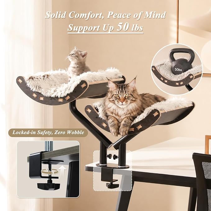 PEQULTI Desk Cat Bed for 2 Cats, 2-Tier 360° Rotating Cat Hammock, Black | Clamp-on desk-edge perch holds 50 lbs wobble-free; removable washable cushion; bunk bed for 2 cats; no-drill, furniture-safe