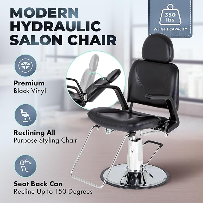 Buy-Rite Sue Reclining Styling Chair - All-Purpose Hydraulic Salon Chair for Hair Stylists & Barbers, Adjustable Headrest, 150° Recline, Heavy-Duty Chrome Base, SY-6769AP