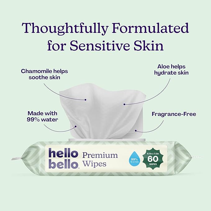 Hello Bello Premium Wipes, Designed for Sensitive Skin with Chamomile & Aloe Extracts, Simply Sage (9 Resealable Packets = 540 Total Wipes)