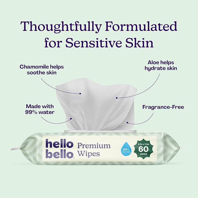 Hello Bello Premium Wipes, Designed for Sensitive Skin with Chamomile & Aloe Extracts, Simply Sage (12 Resealable Packets = 720 Total Wipes)