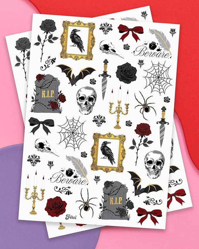 xo, Fetti Horror Temporary Tattoos - 80 Gold Foil Pcs | Halloween, Gothic Birthday Decorations, RIP to My 20s Accessory, Spooky Black Party Favor, Kids Trick or Treat