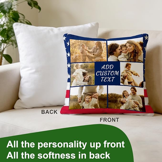 Bemaystar Custom Pillow with Picture & Text, Ships Next Day, Made in USA - Personalized Pillowcover- Love Keepsake, Customized Gifts, Mothers Day Decorative Throw Pillow(No Insert)-6photos