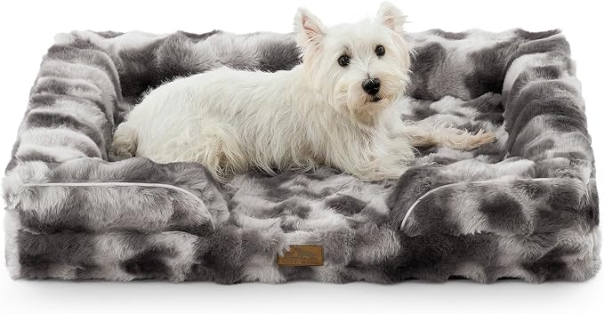 COZY KISS Faux Fur Orthopedic Dog Bed Washable for Large Dogs, L Sized | Soft Warm Pet Sofa with Sides or Bolster, Non-Slip and Big Dog Couch with Removable Waterproof Cover, 36x27 in, Tie Dye Grey