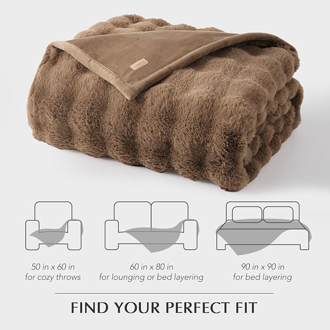 Faux Rabbit Fur Bubble Throw Blanket, 90"x90", Natural Tan | Ultra Soft, Luxury Faux Rabbit Fur Throw, Thick Warm Bubble Blanket, Cozy Fluffy Reversible, for Bed, Couch, Chair, Sofa