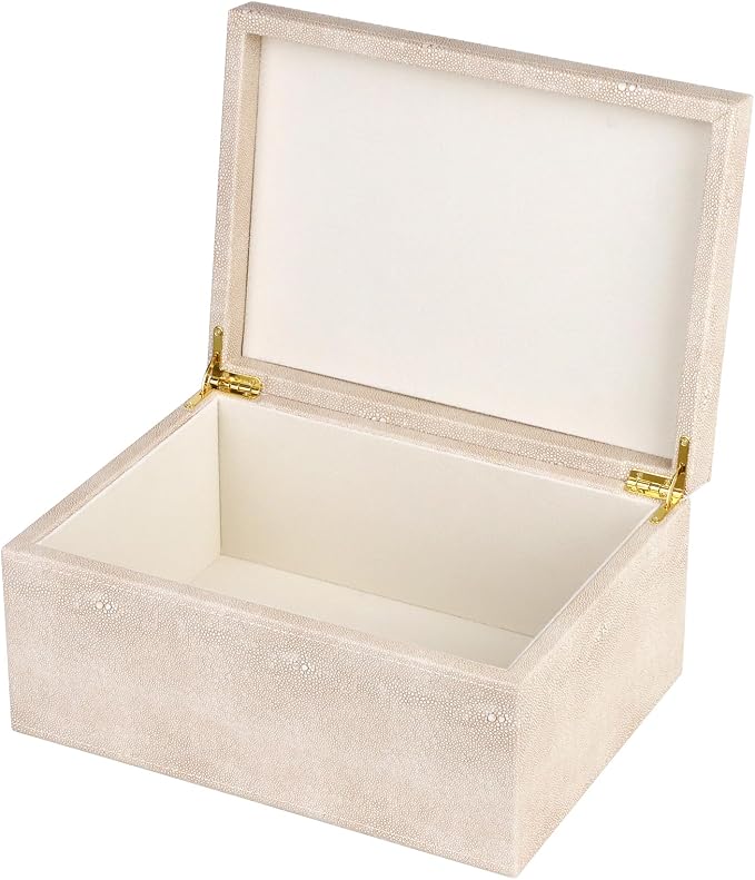 HofferRuffer Faux Leather Decorative Box, Large Wooden Structure Keepsake Box Accessory Organizer Jewelry Organizer with Hinged Lid, Storage Container for Home or Office (LightGrey Shagreen)