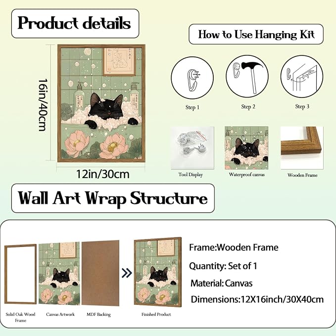 Funny Japanese Black Cat Bathroom Wall Art, Cute Black Cat in Bathtub Wall Decor Picture, Whimsical Japan Animal Bathroom Poster Canvas Prints Painting Artwork 12x16 inch Framed
