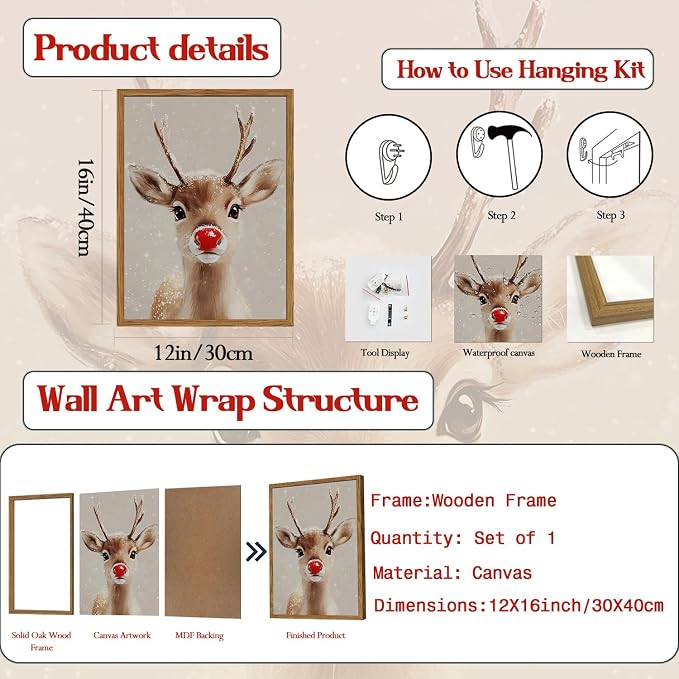 Framed Christmas Wall Art, Vintage Red Nose Reindeer Canvas Wall Decor Paintings, Rustic Winter Cute Deer Pictures Prints Farmhouse Home Decoration for Living Room Bedroom 12×16 inch