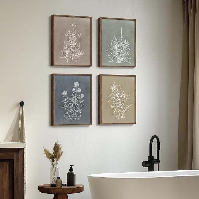 Framed Boho Botanical Wall Art for Bedroom, 4 Piece Vintage Neutral Floral Canvas Painting Prints, Minimalist Rustic Flower Pictures for Farmhouse Living Room Kitchen Dining Room Wall Decor, 11x14 In