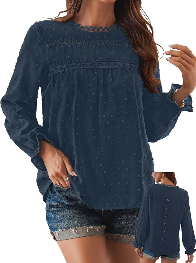 Womens Boho Tops Long Sleeve Shirts For Women Cute Crewneck Blouse Dressy Casual Swiss Dot Crochet Hollow Top 2026