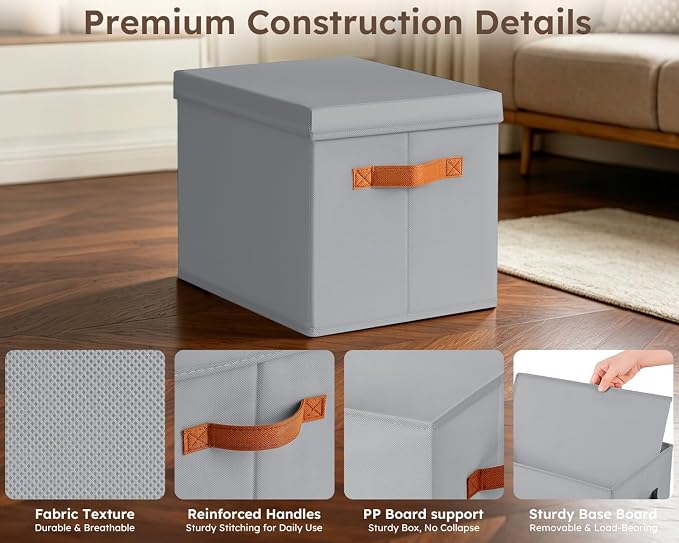 Storage Bins with Lids - Fabric Storage Baskets for Shelves, 6 Pack Foldable Decorative Boxes with Handles, Stackable Organizer Bins for Home, Nursery, Dorm, Grey