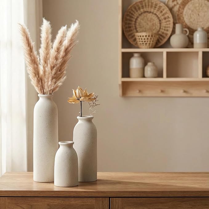 CEMABT Beige Ceramic vase Set-3 Flower vases for Decor,Modern Boho Farmhouse Home Decor,Decorative vase for Pampas Grass&Dried Flowers,idea Shelf,Table,Bookshelf