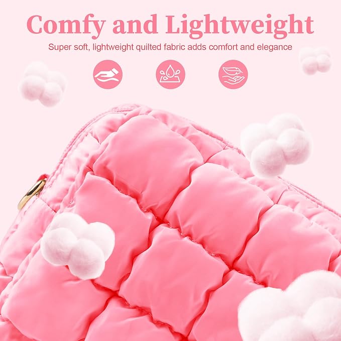 Puffer Quilted Makeup Bag Cosmetic Bags,Puffy Travel Toiletry Pouch for Women,Cute Checkered Zipper Bag Travel Essential,Portable Aesthetic Make up Organizer Bag for Gifts Work Daily(Pink,S)