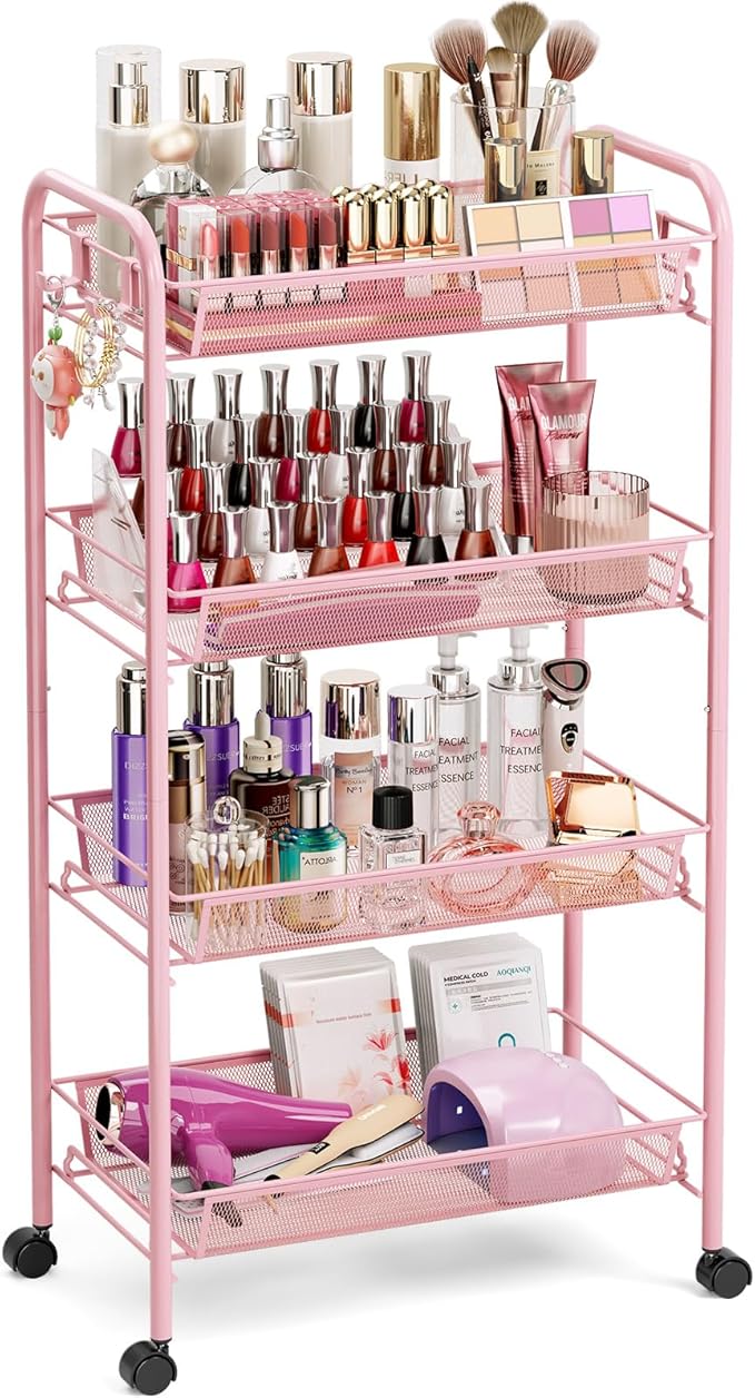 TOOLF 4 Tier Rolling Cart, Metal Utility Storage Cart with Wheels, Pink | 3 Hooks, Screwless Assembly, Trolley Organizer for Bathroom, Kitchen, Office, Nursery, Dorm, Laundry Room