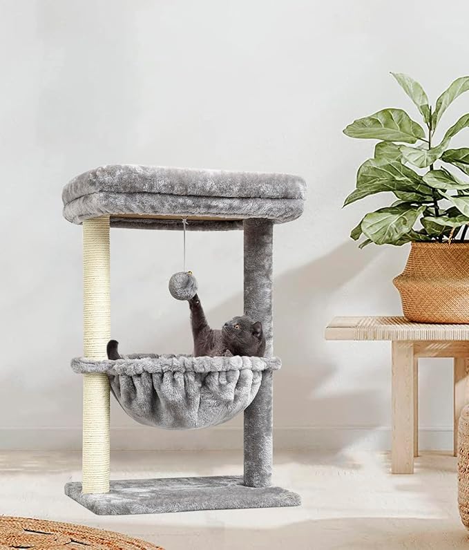 SYANDLVY Small Cat Tree for Indoor Cats, Activity Cat Tower with Scratching Post for Kittens, Cat Bed & Furniture with Basket & Hanging Ball for Play Rest | Scratching Post, Cat Bed & Furniture with Basket & Hanging Ball for Play Rest, Grey