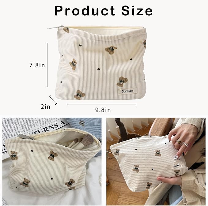 uekeboag 2Pcs Cute Small Soft Corduroy Zipper Makeup Bag for Purse, Coquette Aesthetic Pouch with Bear Pattern for Women Girls, Kawaii Travel Cosmetic Bags（Beige and Pink）