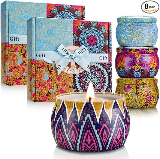 Candle Gift Set Bundle for Women, 2 Sets of 4 Scented Candles (8 Total), 8% Essential Oils, 240H Long Burning Aromatherapy Candles for Home