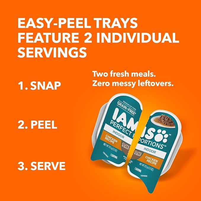 IAMS Perfect Portions Indoor Cuts in Gravy Wet Cat Food, Chicken, 24 Count | Made in USA, Snap, peel & serve, Vitamin E, prebiotic for digestion, no artificial flavors, 2.6 oz. twin-pack trays