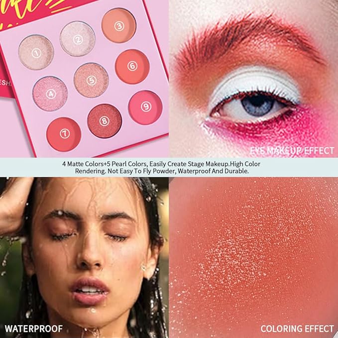 9-Color Pink Peach Eyeshadow Palette–High Pigment Matte Shimmer Glitter Eyeshadow Palette in Warm Coral & Rose Shades,Long-Lasting Waterproof, Blendable for Creative & Everyday Looks