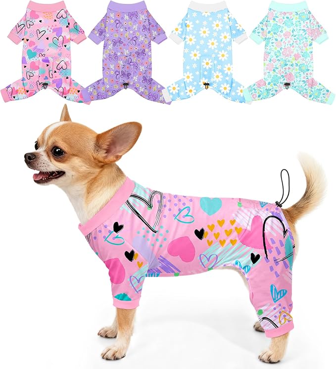 Bienbee Dog Pajamas, 4 Pack Adjustable Onesies for Small to Large Dogs S | Dog Shedding Suit with Soft Fabric, Breathable & Stretchy, and Adjustable Back Length for Sleeping Lounging and Daily Use